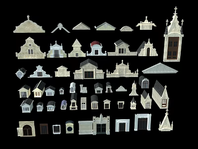 Various Building Components Including Roofs Doors Windows And Tower Designs 3d model