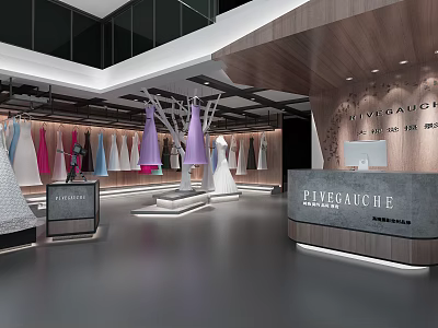 Modern Clothing Store Interior With Colorful Dresses Display And Reception Desk 3d model