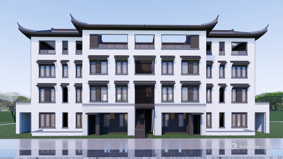 Traditional Chinese Townhouse Exterior With White Walls Black Tiles And Classic Design Elements 3d model 