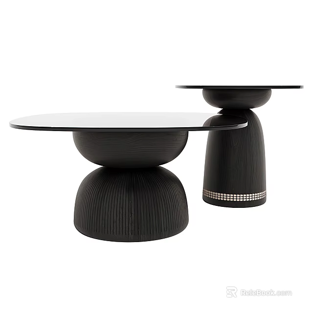 Modern Black Coffee Table With Glass Top And Textured Cylindrical Base 3d model