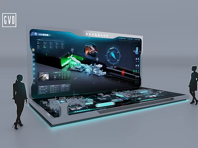 Tech Exhibition Hall Featuring Large Interactive Digital Display And 3D Models For Visitors 3d model
