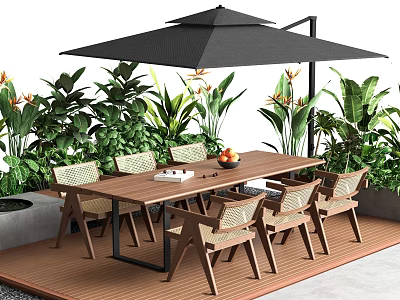 Outdoor Table with Chairs Umbrella and Green Plants on Wooden Deck 3d model