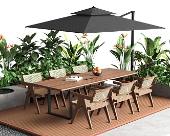 Courtyard Outdoor Table and Chair Combination Plant Pile Rattan Outdoor Chair Waterscape Plant Combination with Sunshade 3d model