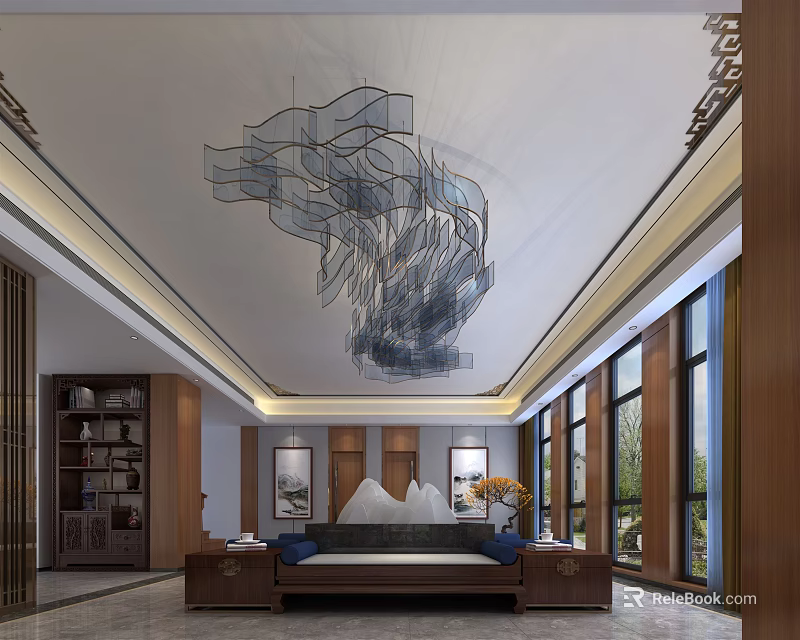 Modern Chinese Front Desk Reception With Artistic Chandelier Wooden Cabinets And Natural Light 3d model 