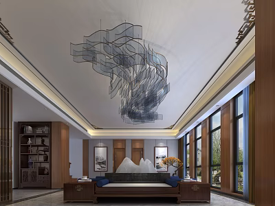 Modern Chinese Front Desk Reception With Artistic Chandelier Wooden Cabinets And Natural Light 3d model