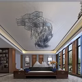 Modern Chinese Front Desk Reception With Artistic Chandelier Wooden Cabinets And Natural Light