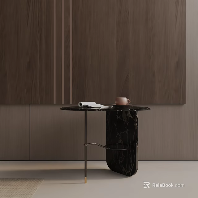Black Marble Side Table with Metal Frame Open Book and Pink Cup Against Wooden Wall 3d model 