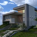 Modern Single-family Villa Exterior Design With Grass Steps Lush Plants And Wooden Entrance