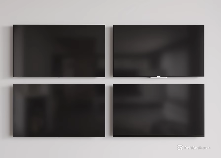 Four Black TVs Mounted Side by Side on White Wall Home Entertainment Setup 3d model 