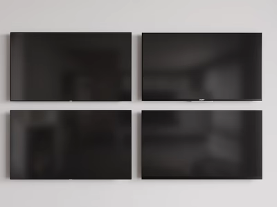 Four Black TVs Mounted Side by Side on White Wall Home Entertainment Setup 3d model