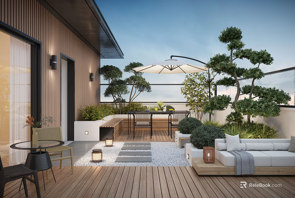 Roof Garden Relaxing Space With Wooden Deck Sofa Table Umbrella Green Plants And Lanterns 3d model 
