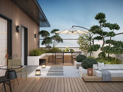 Roof Garden Relaxing Space With Wooden Deck Sofa Table Umbrella Green Plants And Lanterns 3d model