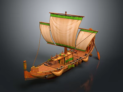 Ancient Wooden Water Vessel with Multiple Sails Oars and Decorative Hull Design 3d model