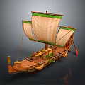 Ancient Wooden Water Vessel with Multiple Sails Oars and Decorative Hull Design