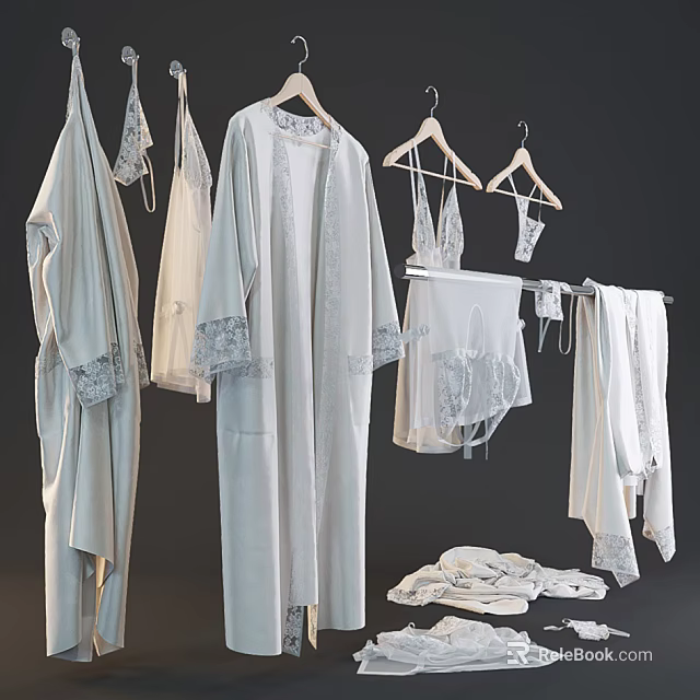 Light Colored Lace Trimmed Robes and Lingerie Hanging on Racks with Drying Laundry 3d model 