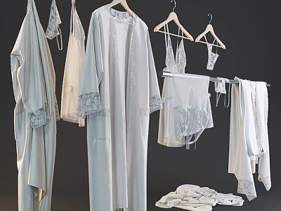 Light Colored Lace Trimmed Robes and Lingerie Hanging on Racks with Drying Laundry 3d model