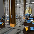 Modern Sales Office Interior With Pendant Lights Comfortable Sofas And Glass Partitions 3d model