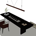 Elegant Tea Table And Chairs With Hanging Light Ceramic Tea Set And Small Plant 3d model