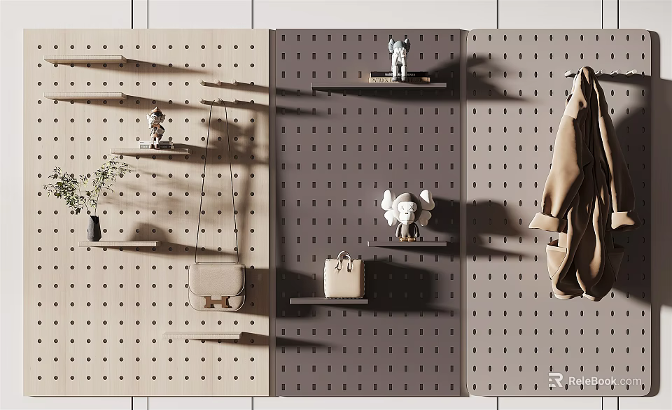 Perforated Wall Decor with Shelves Decorative Items Plant Bag and Coat 3d model 