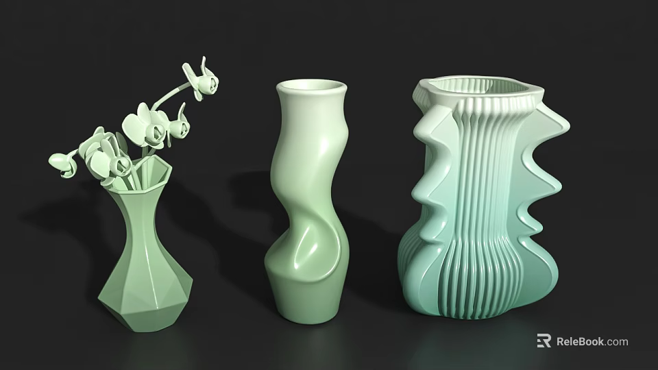 Light Green Ceramic Vases With Various Shapes Geometric Twisted And Wavy Textured Design 3d model 