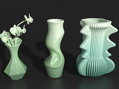 Light Green Ceramic Vases With Various Shapes Geometric Twisted And Wavy Textured Design 3d model