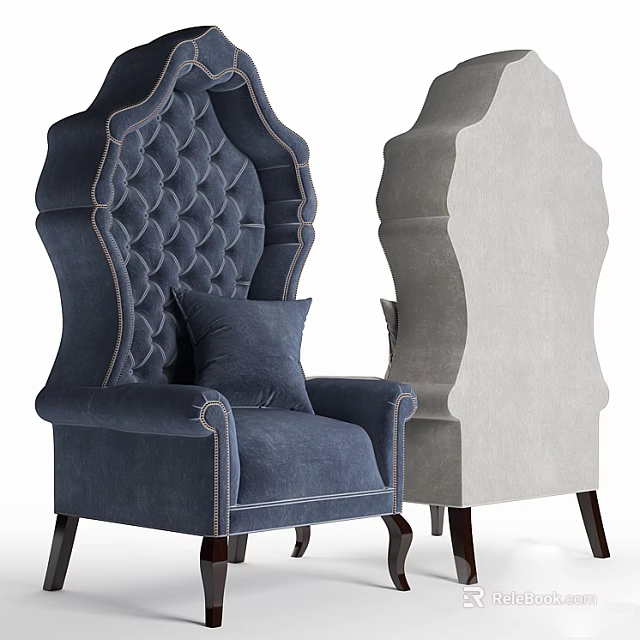 Elegant Tufted Armchairs Blue And Gray With Stitched Details And Wooden Legs 3d model 