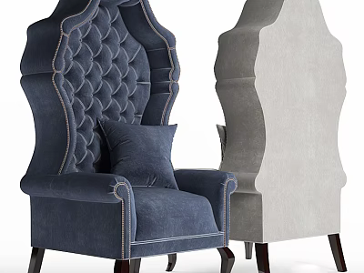 Elegant Tufted Armchairs Blue And Gray With Stitched Details And Wooden Legs 3d model