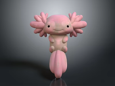 Cute Pink Axolotl Cartoon Character With Feathery Gills Round Body And Tail 3d model