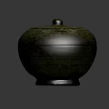 Ancient Round Green Ceramic Jar With Decorative Patterns And Textured Lid 3d model
