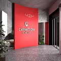 Carnation Exhibition Space With Red Pillars Gray Walls And Display Beds