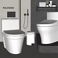 Modern White Toilets in Bathroom with Wall Shelf Towels and Trash Bin