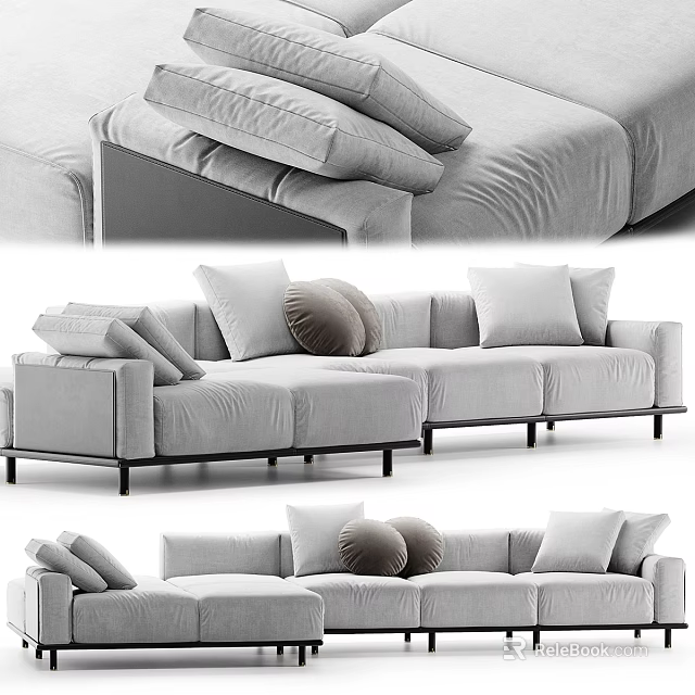 Casual Sofa Set With Modular Design Gray Fabric Plush Pillows And Wooden Legs 3d model 