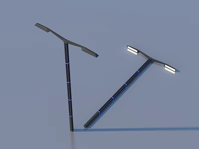 Modern Outdoor Lights With Black Pole Blue Stripes Curved Double Light Heads Bright LED Illumination 3d model