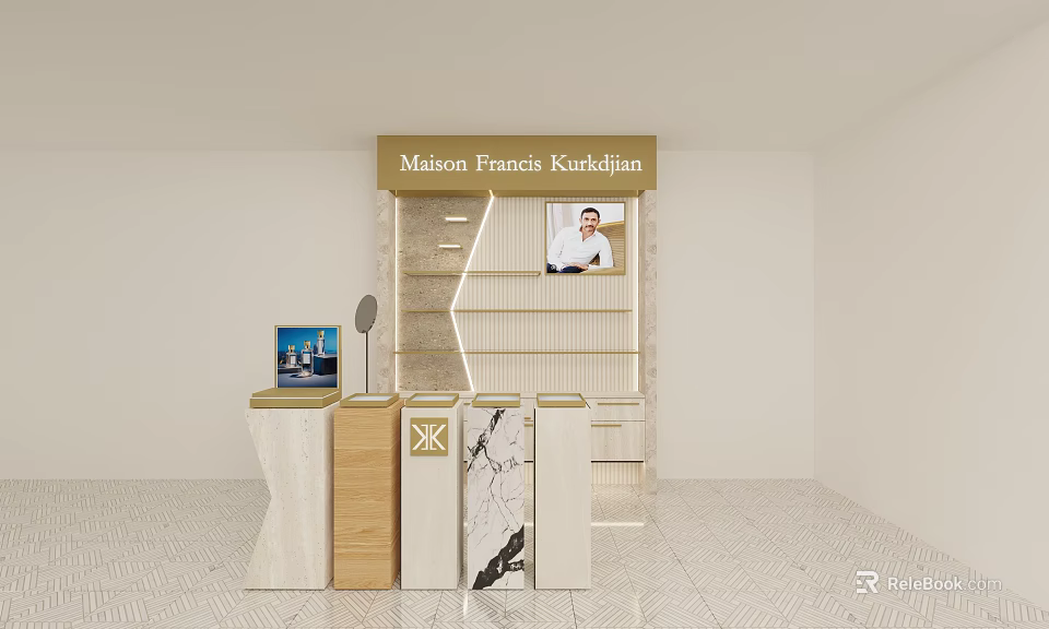 Maison Francis Kurkdjian Department Store Counter With Display Shelves Marble Elements And Product 3d model 
