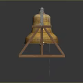Golden Bell With Decorative Metal Structure And Wheel On Wooden Triangular Stand