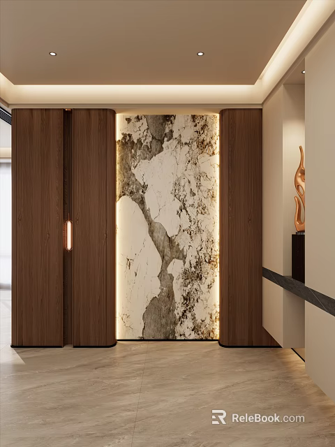 Modern Foyer Hallway Interior Design With Marble Accent Wall Wooden Paneling And Recessed Lighting 3d model 