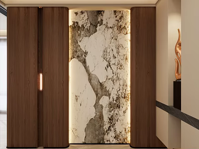 Modern Foyer Hallway Interior Design With Marble Accent Wall Wooden Paneling And Recessed Lighting 3d model