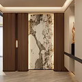 Modern Foyer Hallway Interior Design With Marble Accent Wall Wooden Paneling And Recessed Lighting