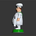 3D Chef Figurine In White Uniform With Chef Hat Mustache And Green Base Holding Bottle