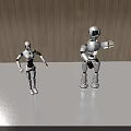 Two Smart Robots Standing With Different Poses in Room With Wooden Wall
