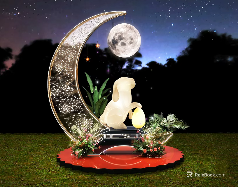 Decorative Crescent Moon Scene With Rabbit Sculpture Plants Flowers And Night Sky 3d model 