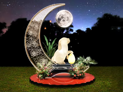 Decorative Crescent Moon Scene With Rabbit Sculpture Plants Flowers And Night Sky 3d model
