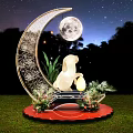 Decorative Crescent Moon Scene With Rabbit Sculpture Plants Flowers And Night Sky