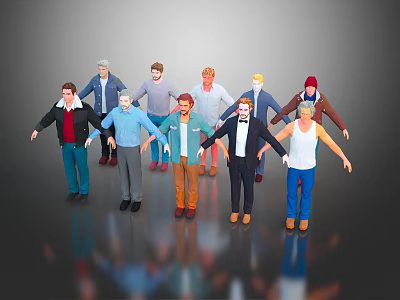 Group of Men 3D Character Models With Various Casual Outfits And Standing Poses 3d model