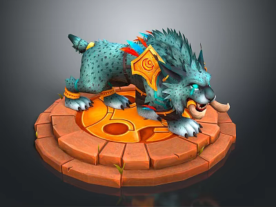 Mythical Blue Spotted Creature with Ornamental Gear Standing on Orange Circular Stone Platform 3d model