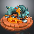Mythical Blue Spotted Creature with Ornamental Gear Standing on Orange Circular Stone Platform