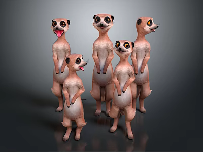 Five Cute Standing Meerkat Characters In Group With Playful Expressions And 3D Render 3d model