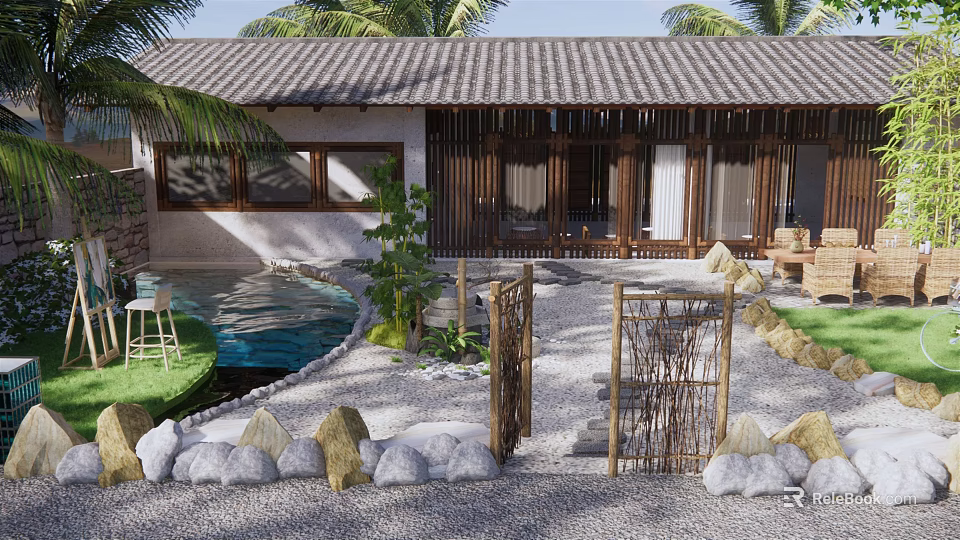 Karesansui Japanese Garden Design With Raked Gravel Stones Bamboo Fences And Wooden Accents 3d model 