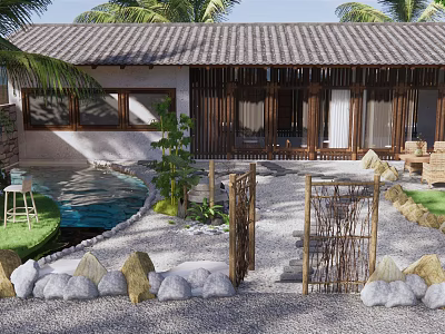 Karesansui Japanese Garden Design With Raked Gravel Stones Bamboo Fences And Wooden Accents 3d model