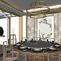 Luxurious Clubhouse Interior Featuring Display Shelves Chandeliers Golden Patterned Wall And Wooden Flooring